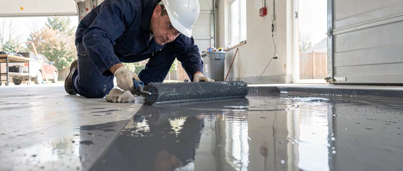 Epoxy flooring contractor on a job site